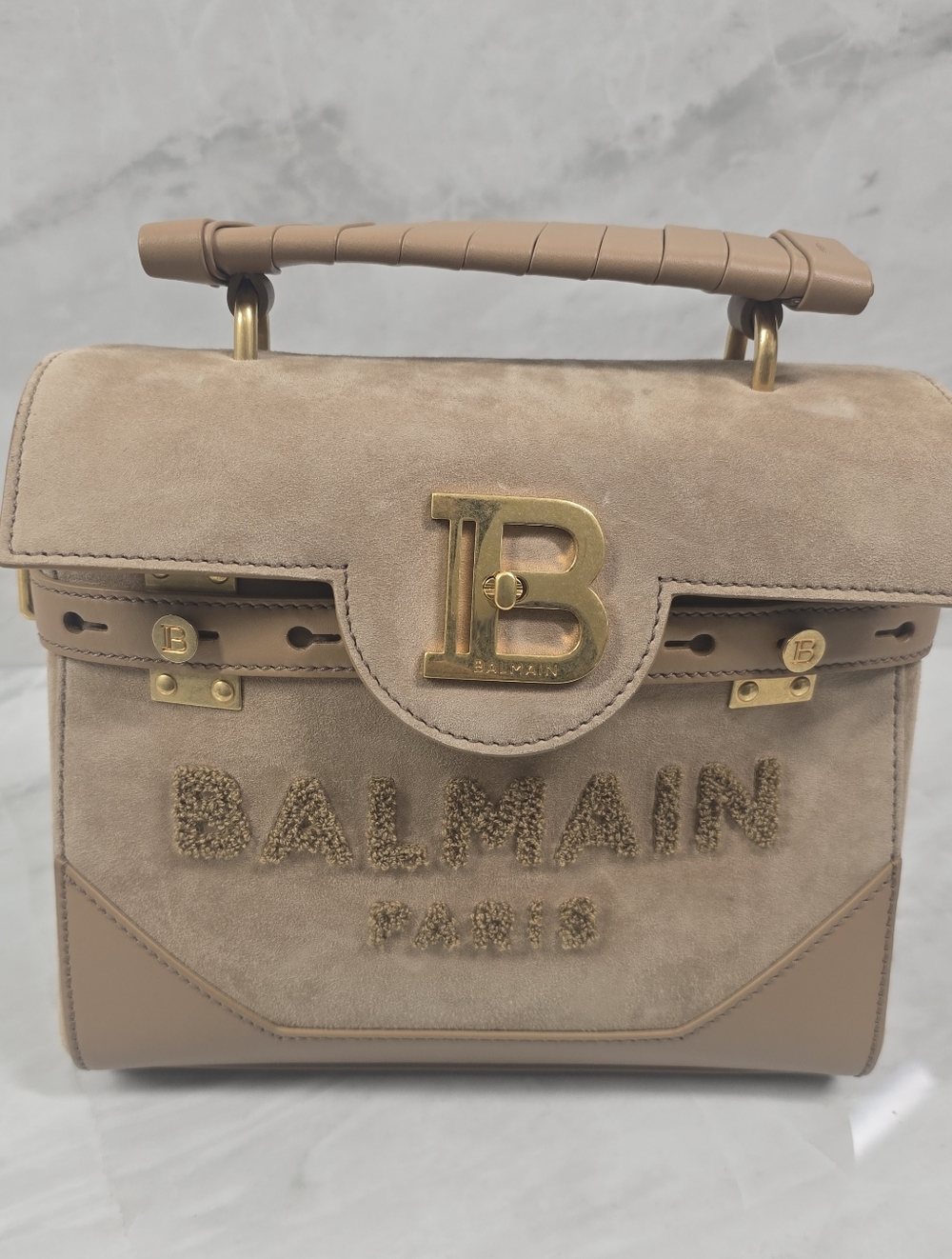 🔥RARE🔥Balmain Paris Beige Top-Handle Suede Bag